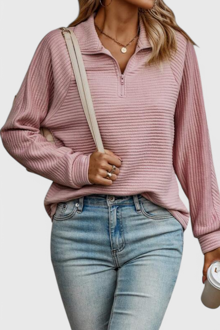 Helene |Jersey de Cuello en V con Cremallera y Manga Larga